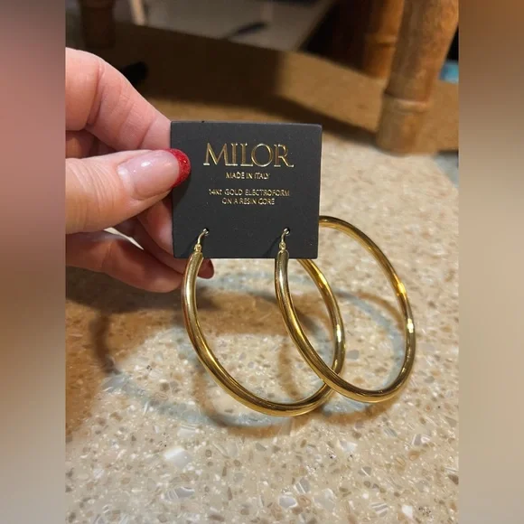 MILOR Italy 14K Yellow Gold Resin Filled Large 2 1/2 Inch Hoop Earrings NWT - Picture 1 of 5
